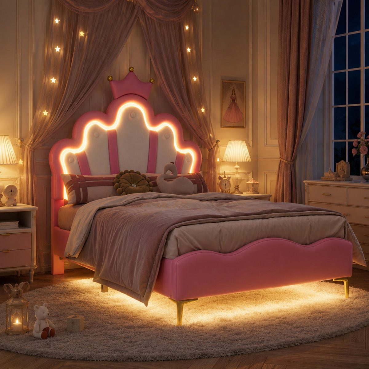 KINDERBETT 90/200 Rosa LED Polsterbett Prinzessin - Rosa, Metall (90/200cm) - Joyfair