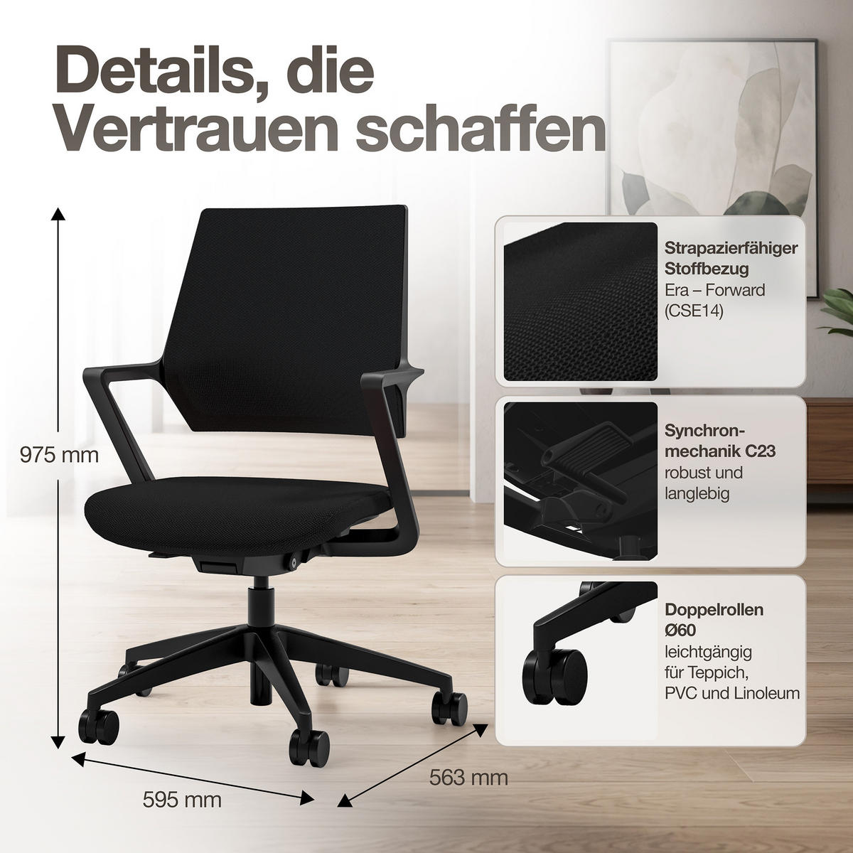 DREHSTUHL Ergonomischer Bürostuhl Asolo mit Polsterrücken / Schwarz Ergonomischer Polsterrücken - Schwarz, Textil (59.5/97.5/45cm) - ASSMANN