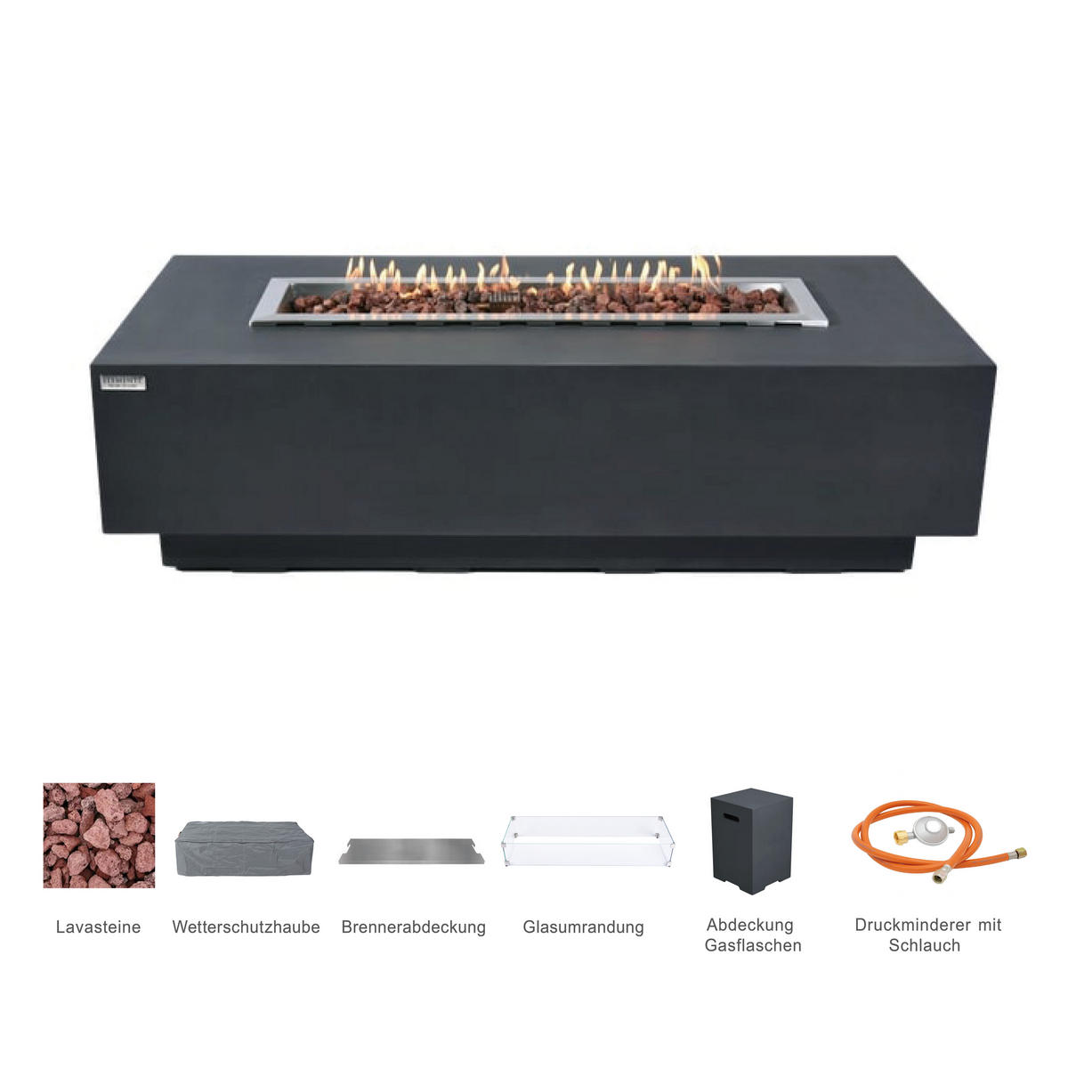 FEUERTISCH Granville Gasfeuerstelle aus GF-Beton - 4-tlg. Set inkl. Glasumrandung, Brennerabdeckung und Gasflaschen-Abdeckung - Dunkelgrau, Naturmaterialien (70/43/152cm) - Elementi