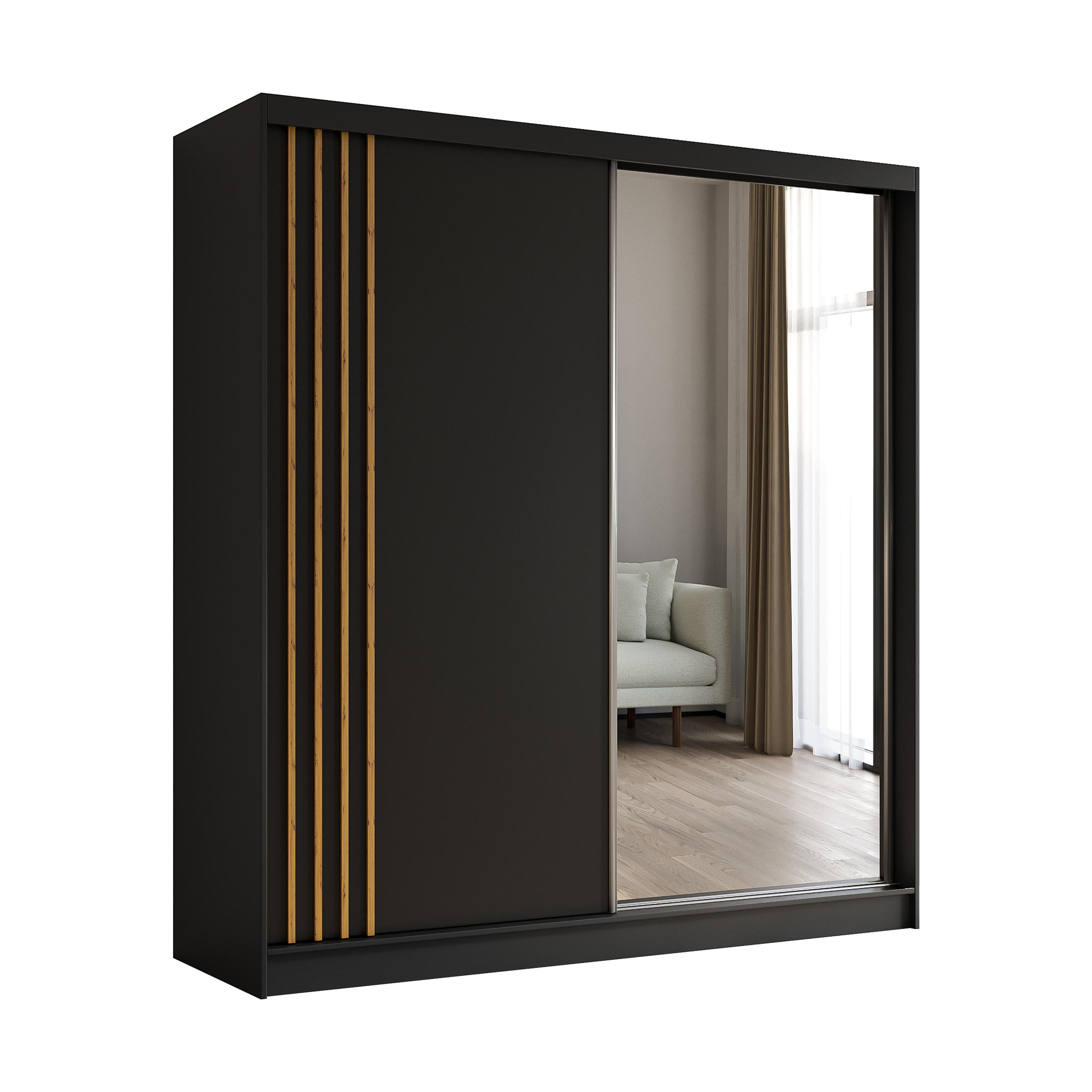KLEIDERSCHRANK mit Spiegel-Schiebetüren und Aluminium-Leisten, LED-Beleuchtung - NALLA - 200 cm Schwarz+Schwarz+Artisan - Anthrazit/Eiche Artisan, Holzwerkstoff (200/216/61cm) - ALTDECOR
