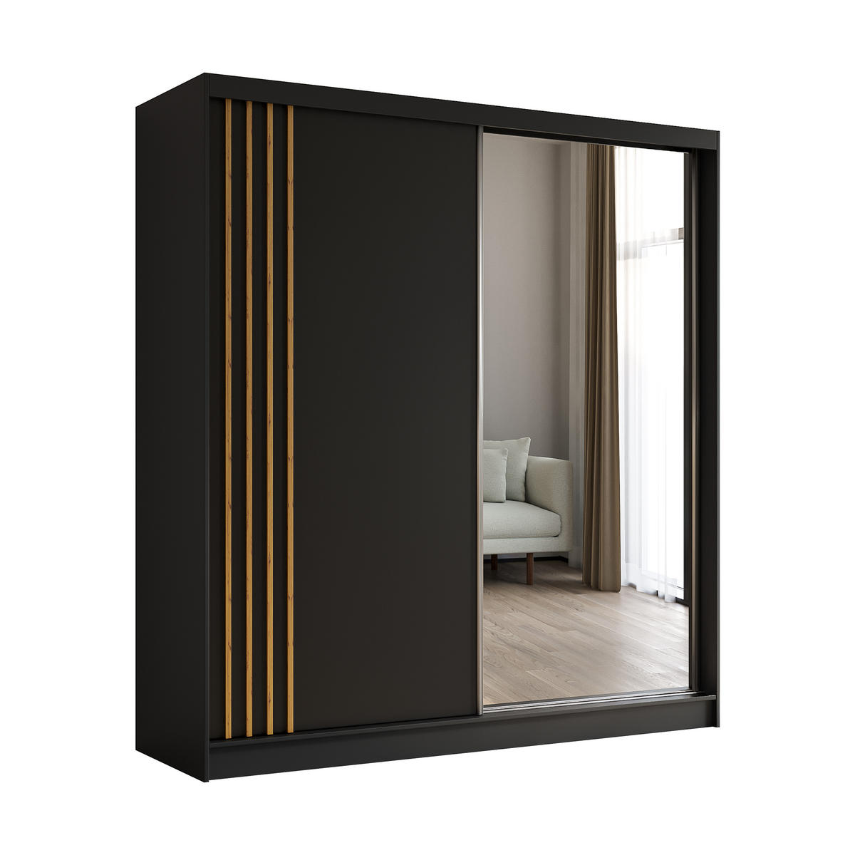 KLEIDERSCHRANK mit Spiegel-Schiebetüren und Aluminium-Leisten, LED-Beleuchtung - NALLA - 200 cm Schwarz+Schwarz+Artisan - Anthrazit/Eiche Artisan, Holzwerkstoff (200/216/61cm) - ALTDECOR