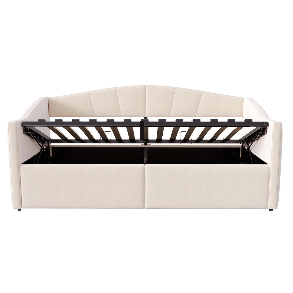 POLSTERBETT 90/200 cm mit hydraulischem Bettkasten, Lattenrost und Armlehnen aus Samt, Beige - Beige, Textil (90/200cm) - Redom
