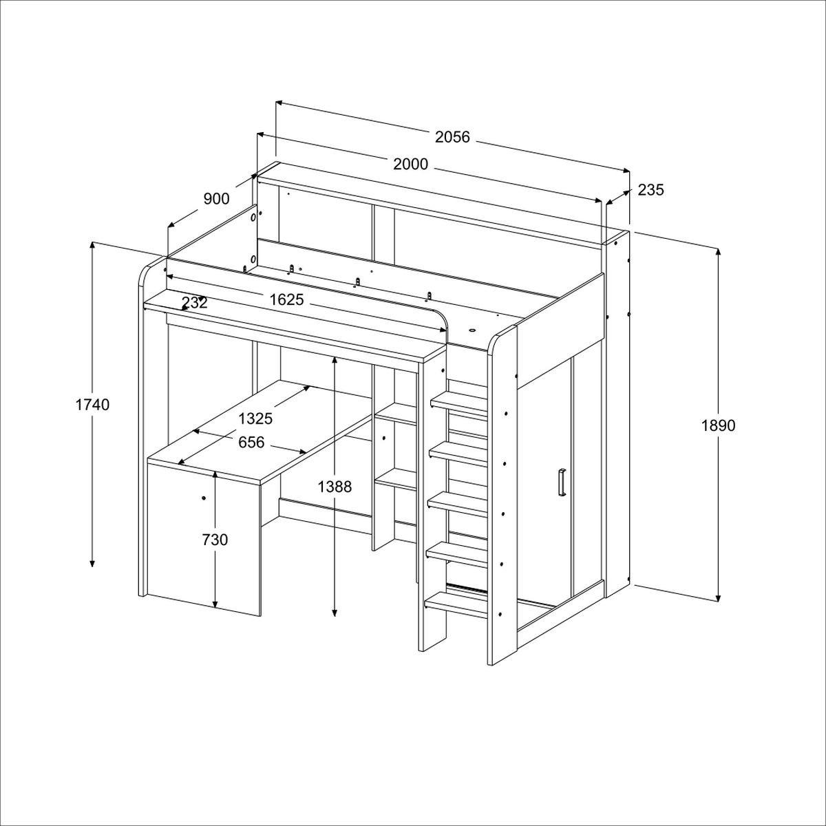 HOCHBETT mit Kleiderschrank und Schreibtisch Bett 90 x 200 cm - Weiß/Kieferfarben, Holzwerkstoff/Kunststoff (90/200cm) - Parisot Meuble