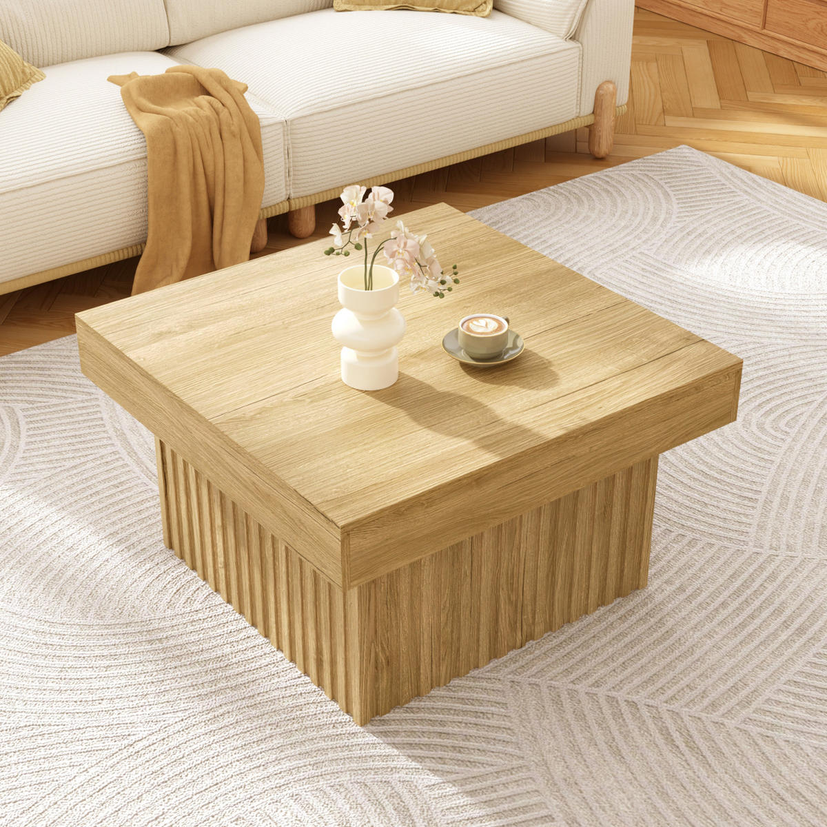 COUCHTISCH Holzoptik Quadratisch mit Streifenmuster, 79 x 79 cm - Cognac, Metall (79/79/46cm)