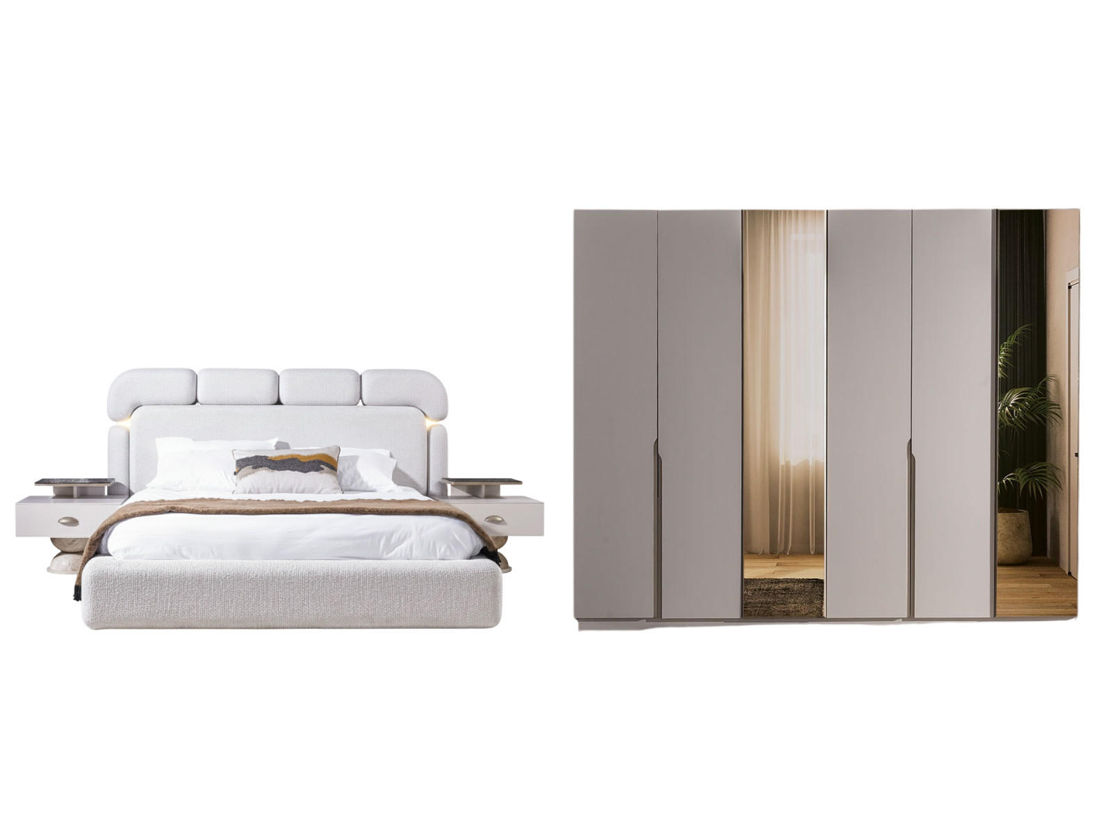 BETTANLAGE AVVA Schlafzimmer-Set, 4-teilig, Weiß, Bett mit Kopfteil, 2 Nachttische und Kleiderschrank - Weiß, Leder/Holzwerkstoff (160/200cm) - Villa Möbel
