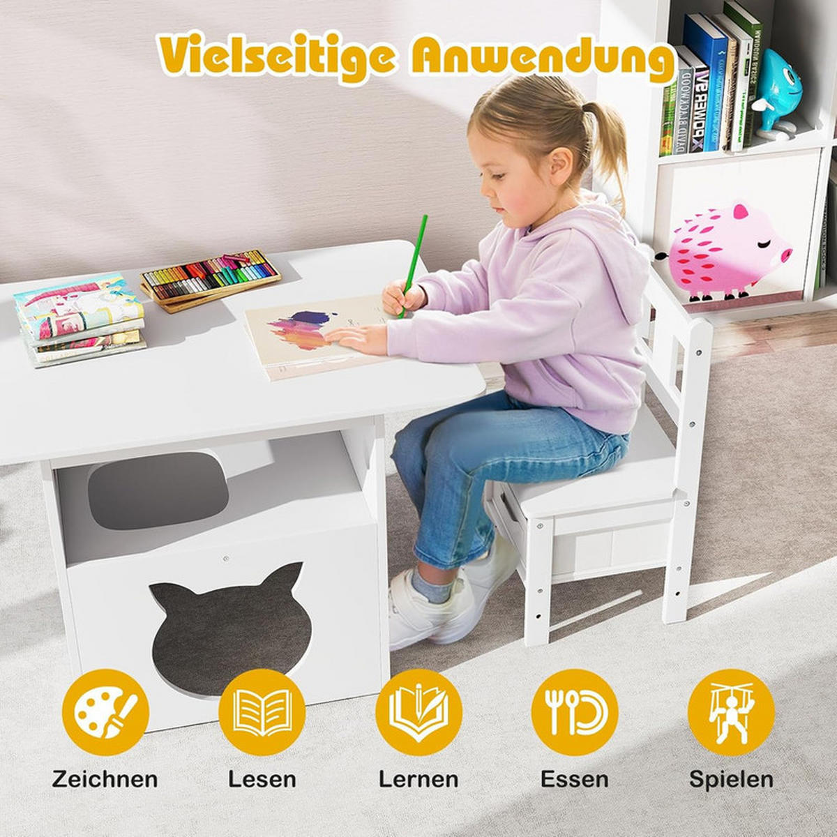 KINDERTISCH mit stuhl weiß(3-tlg) - Weiß, Holzwerkstoff (80/59/52cm) - COSTWAY