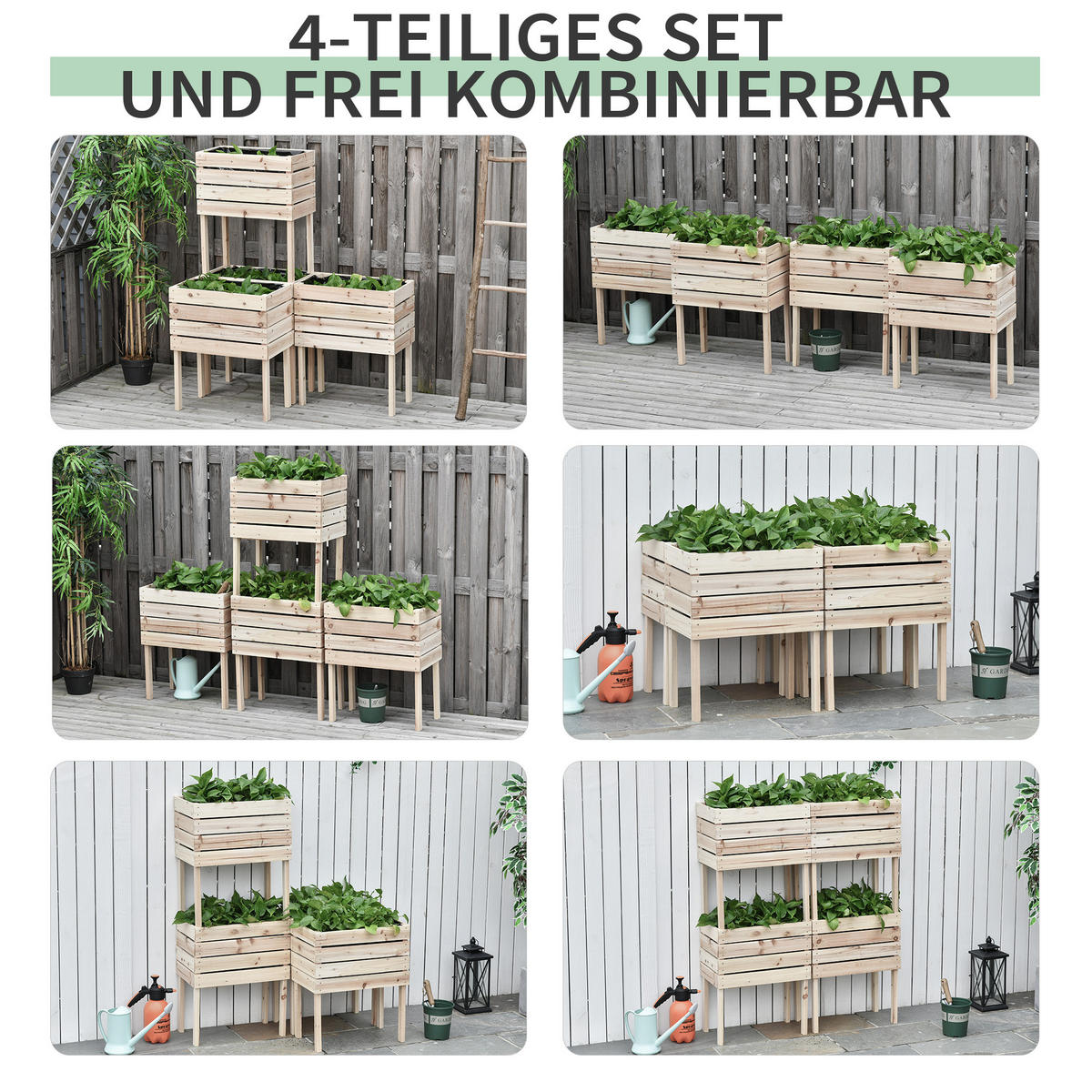 HOCHBEET Pflanzkasten aus Holz, 4 Kombinationsmodi, für Garten und Balkon, Naturholz - Fichtefarben, Holz/Kunststoff (30/60/50cm) - Outsunny