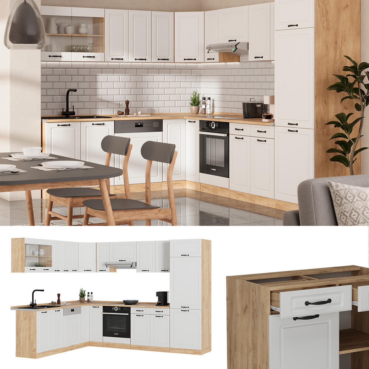 ROHOVÁ KUCHYŇ R-Line Bílý venkovský dům/zlatý dub - bílá/medově dubová, kompozitní dřevo (287/81.6/46cm) - Vicco