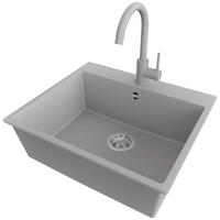 GRANITSPÜLE Riga, 2-er set Grau 58/50 cm 1 Becken + Küchenarmatur 32/20 cm + Ablauf-Set ab 60er Unterschrank - Chromfarben/Grau, Kunststoff (58/20/50cm) - Primagran
