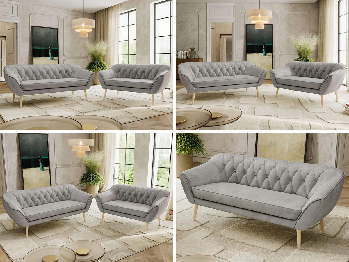 SEDACIA ZOSTAVA 3+2 PIRS - Svetlosivá Samet - Drevené nohy - farba buka/svetlosivá, kompozitné drevo/textil (180/75/74cm) - MKS