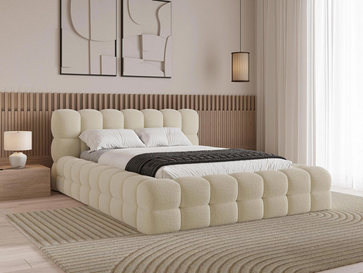 POLSTERBETT Verona 140x200 cm mit stabilem Metallrahmen, Bettkasten, Lattenrost und markantem Kopfteil - Bouclé Beige - Beige, Textil/Metall (140/200cm) - Chilly
