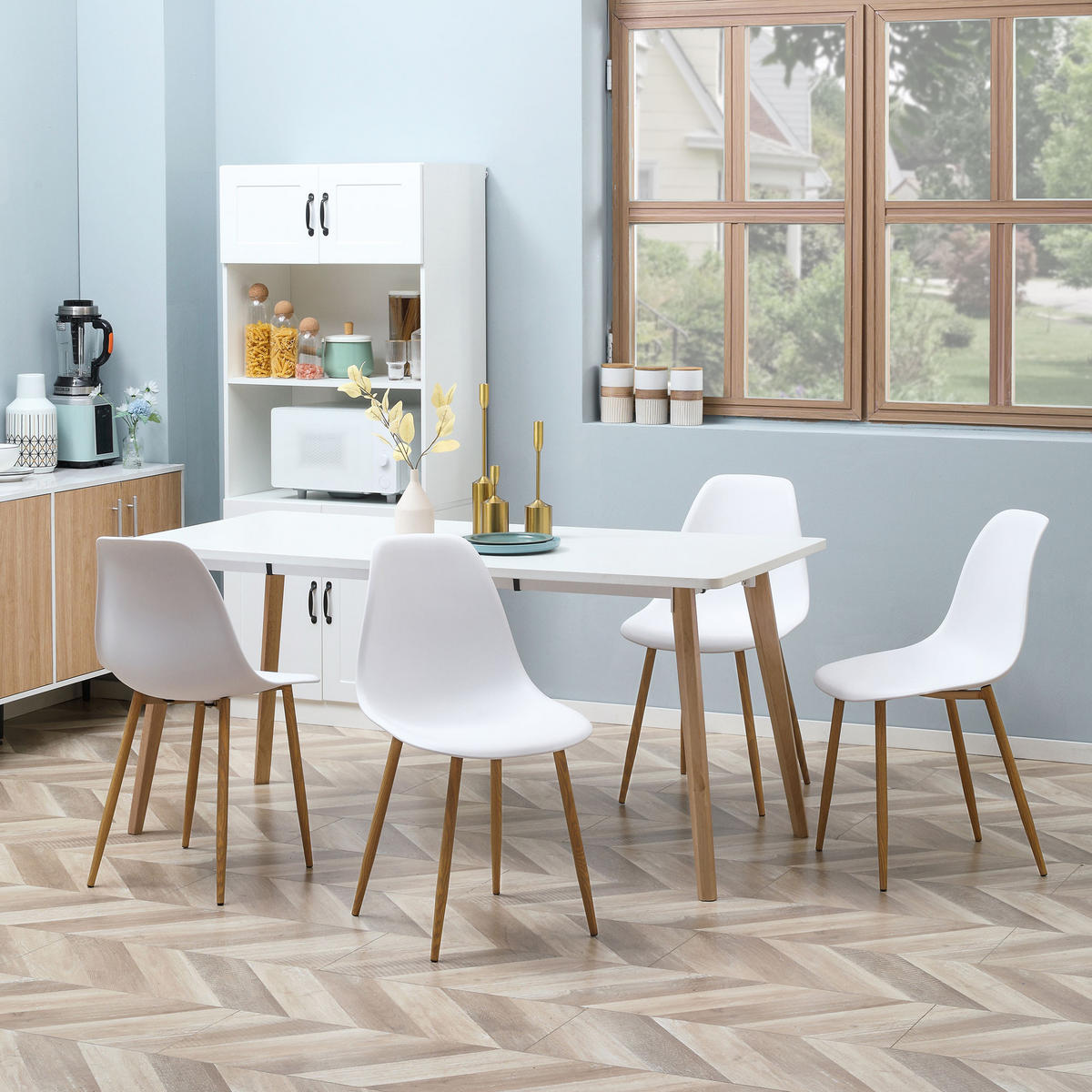ESSZIMERSTUHL 4er-Set, Metallbeine in Holzoptik, rutschfeste Füße, bis 120 kg, Weiß/Holzdekor - Weiß, Kunststoff (52/85.5/45cm) - HOMCOM