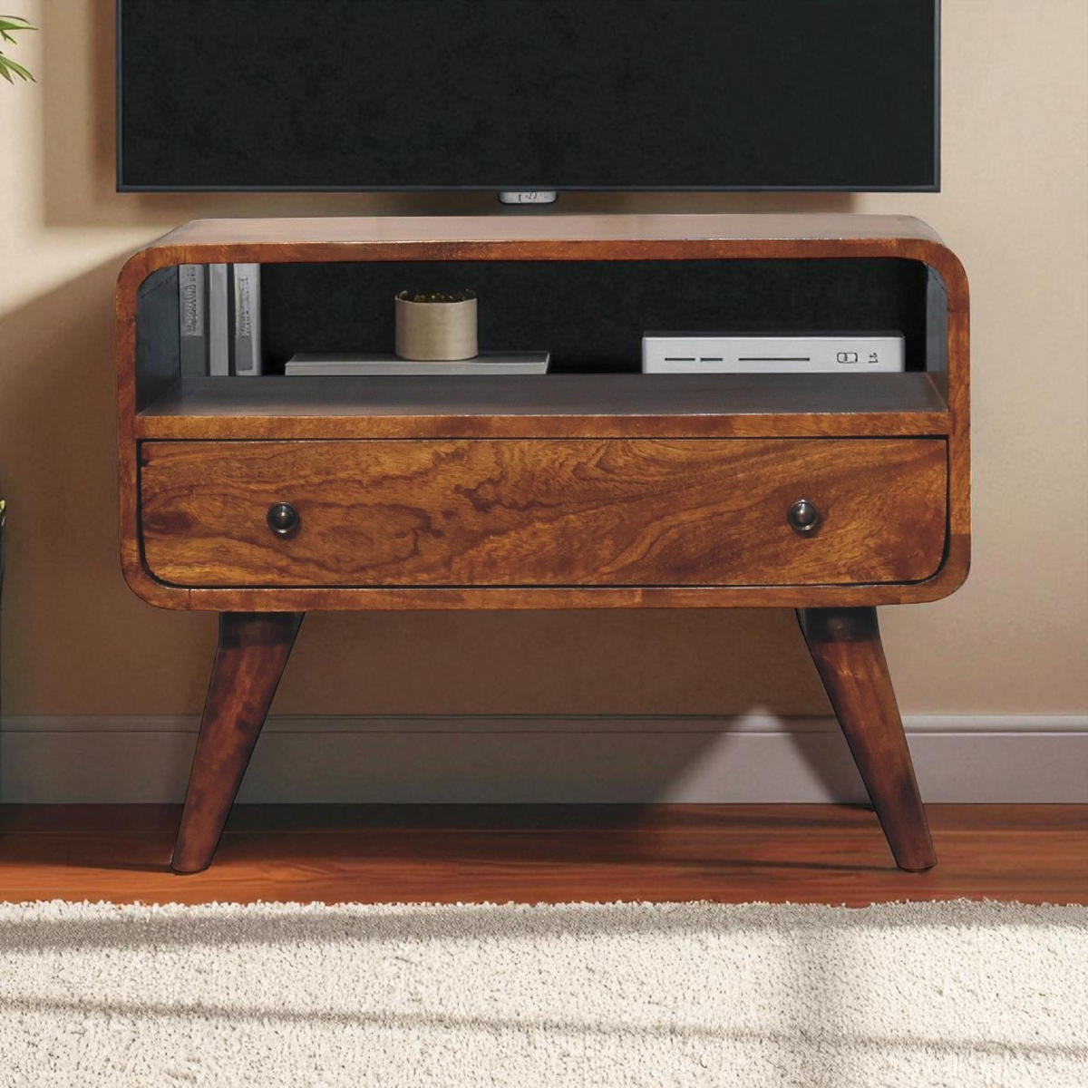 LOWBOARD Mini mit gebogener Form, Braun - Messingfarben/Braun, Mangoholz/Holz (60/45/30cm) - Artisan Furniture