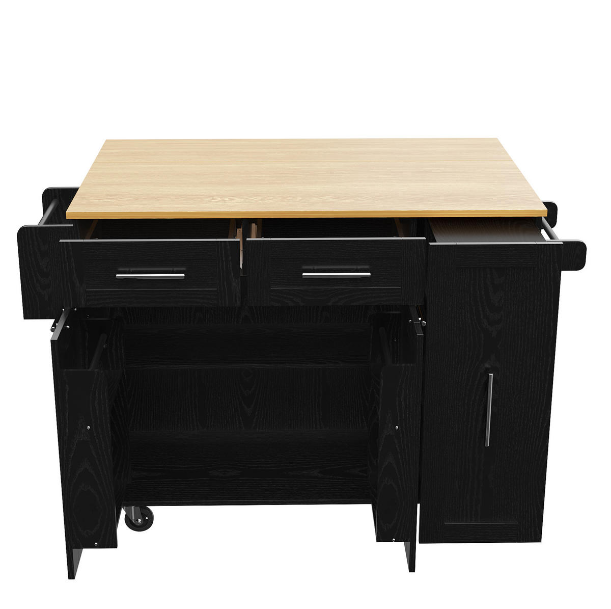 KUHINJSKI voziček 110/46/90,5 cm iz MDF in kovine z zložljivo ploščo, raztegljivim shranjevanjem in kolesi, Črna - črna, leseni material (110/90.5/46cm) - Redom