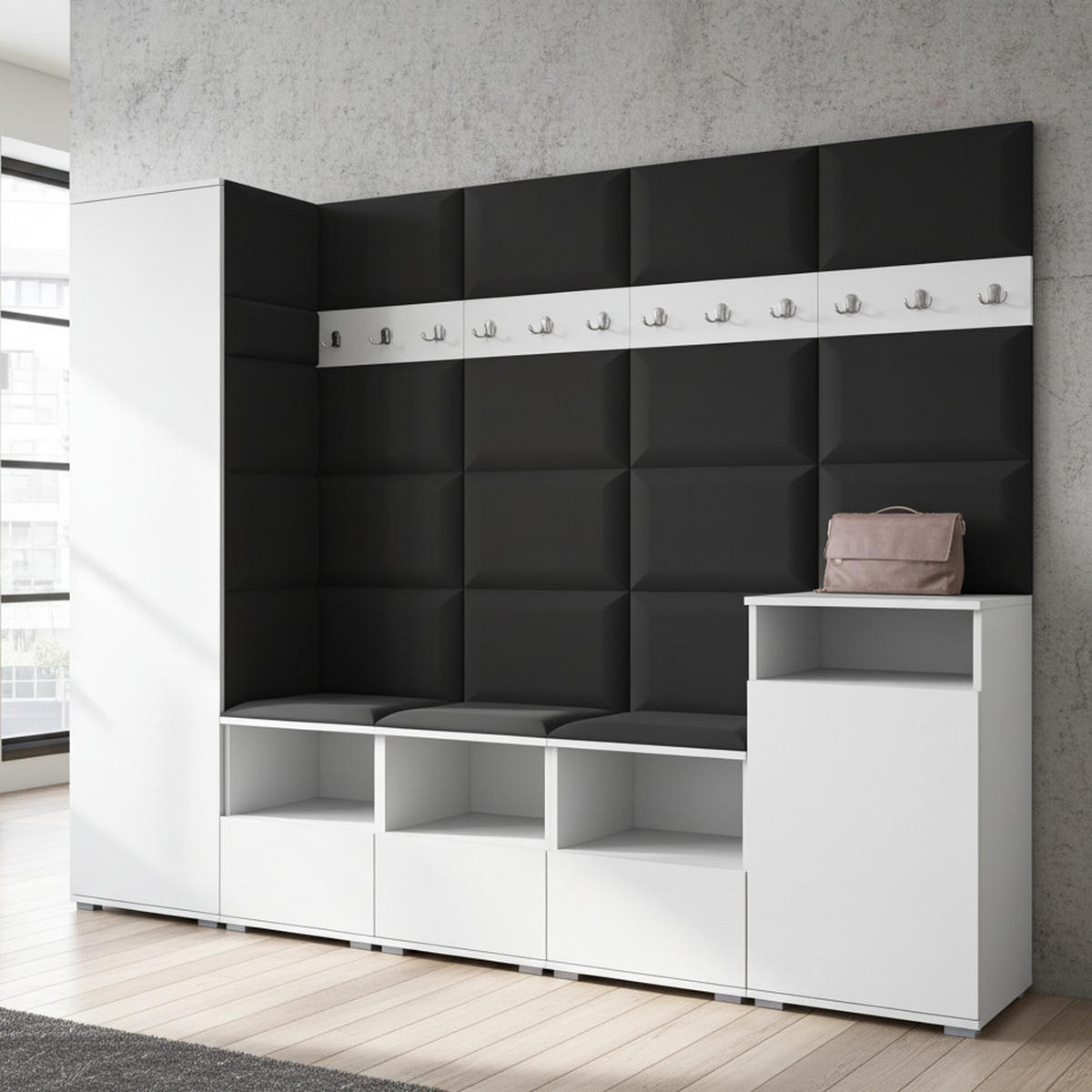 GARDEROBE NELA XI 250 cm (Modulare Flurmöbel Weiß mit Sitzpolster Schwarz 16 Großes Set) - Silberfarben/Schwarz, Holz/Holzwerkstoff (250/187/40cm) - Ravio