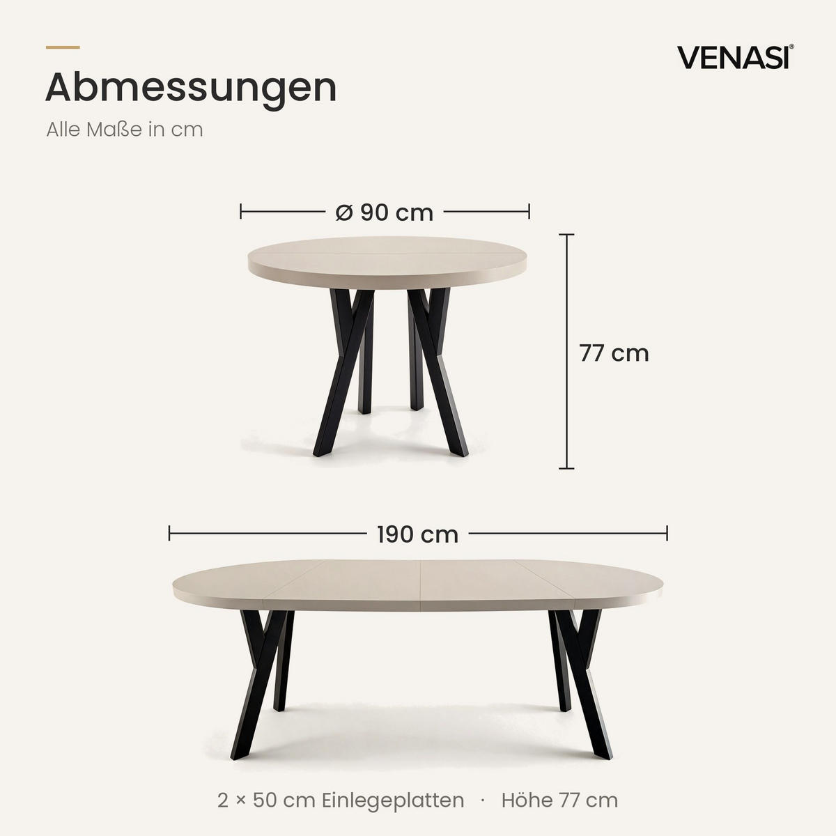 ESSTISCH ausziehbar rund 90-190 cm ATO Kaschmir, Auszugstisch mit Einlegeplatte - Kaschmir/Schwarz, Holzwerkstoff (90/90/77cm) - VENASI MÖBEL