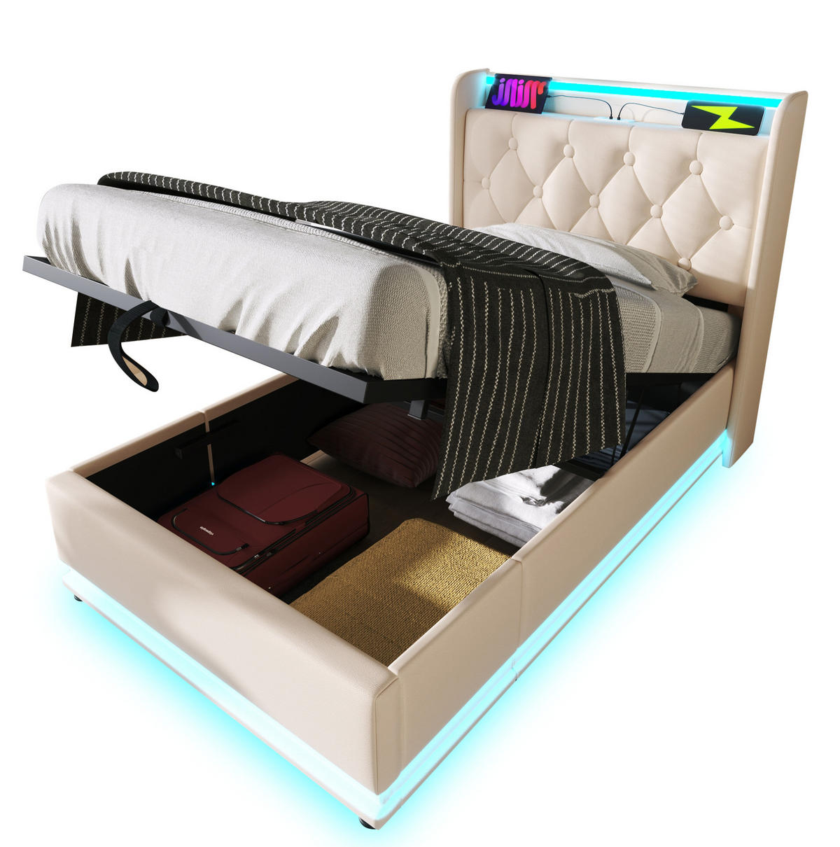 POLSTERBETT 90/200 cm mit hydraulischem Bettkasten, 360° LED & USB/Typ-C, weiß PU - Weiß, Kunststoff (90/200cm) - Redom