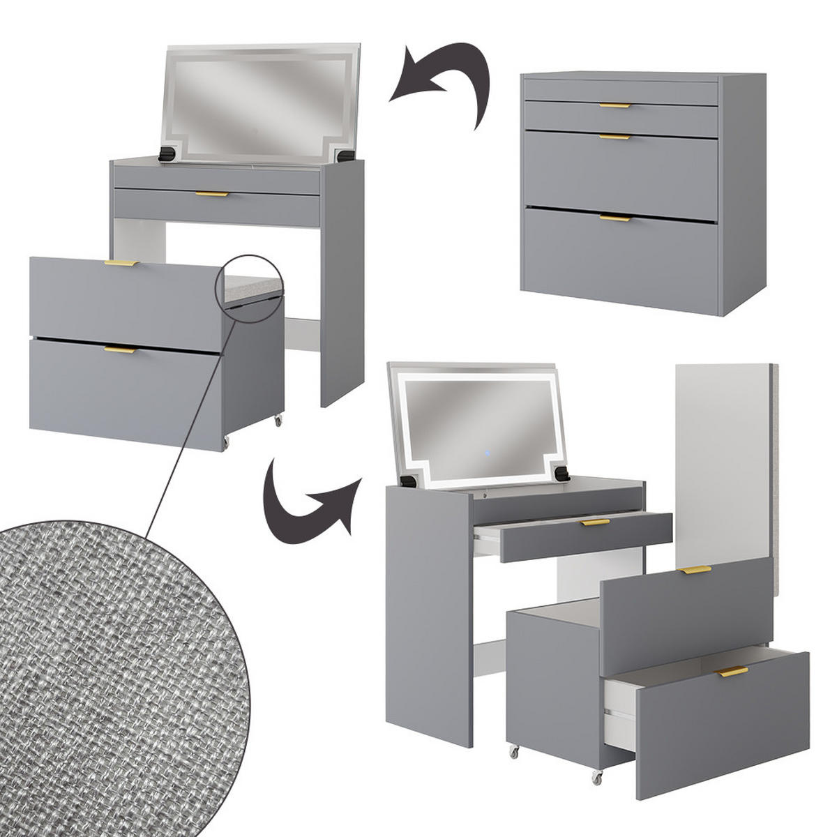 SCHMINKKOMMODE Wanja Grau 80 cm mit Bank und LED Spiegel - Grau, Holzwerkstoff (80/80/46cm) - Vicco