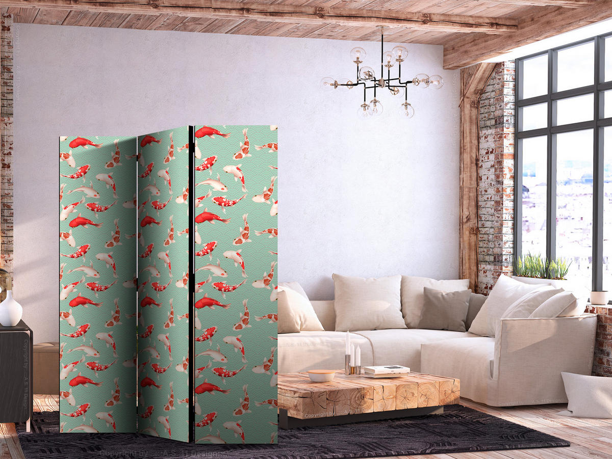PARAVENT Einseitig Bedruckter 3-tlg 135x172 cm Koi Fische - Multicolor, Holz/Textil (135/172/3cm) - Muralo
