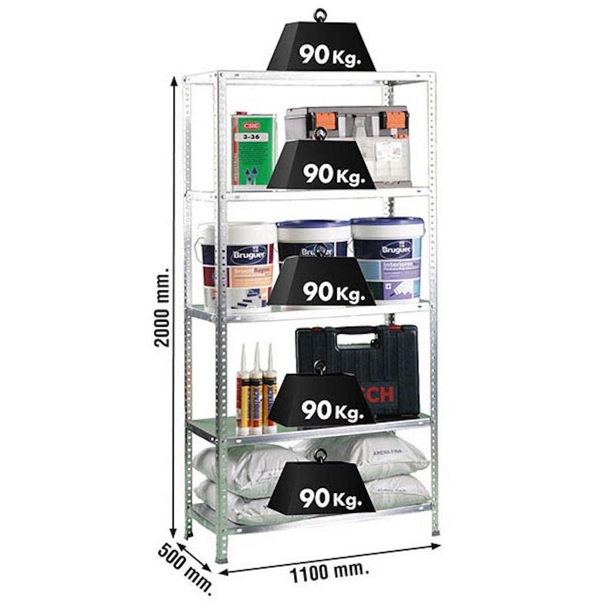 SCHRAUBREGAL PANDA TALL | HxBxT 200x110x50cm | 5 Fachböden | Fachlast 90kg | Verzinkt - Silberfarben, Metall (110/200/50cm) - PROREGAL