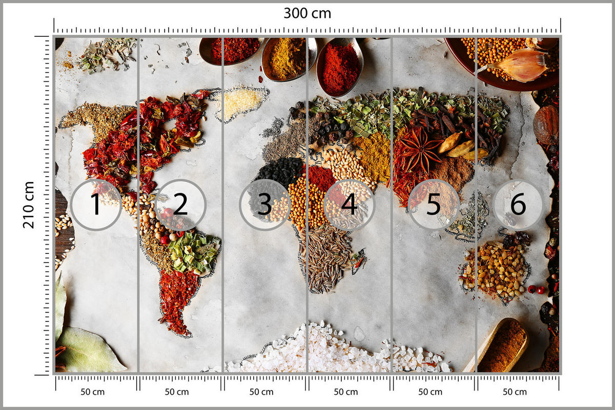 FOTOTAPETA Pre Kuchyňu Svetová Mapa Korenín Kulinárske Umenie 300 x 210 cm - oranžová/hnedá, papier (300/210cm) - Muralo
