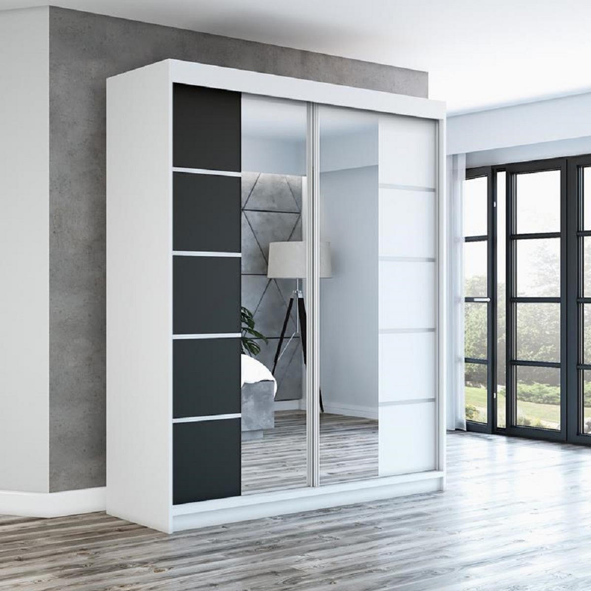 SCHWEBETÜRENSCHRANK 180 cm KOMFORT Farbe:Weiß,schwarz - Schwarz/Weiß, Holzwerkstoff (180/215/59.5cm) - A&J MöbelLand