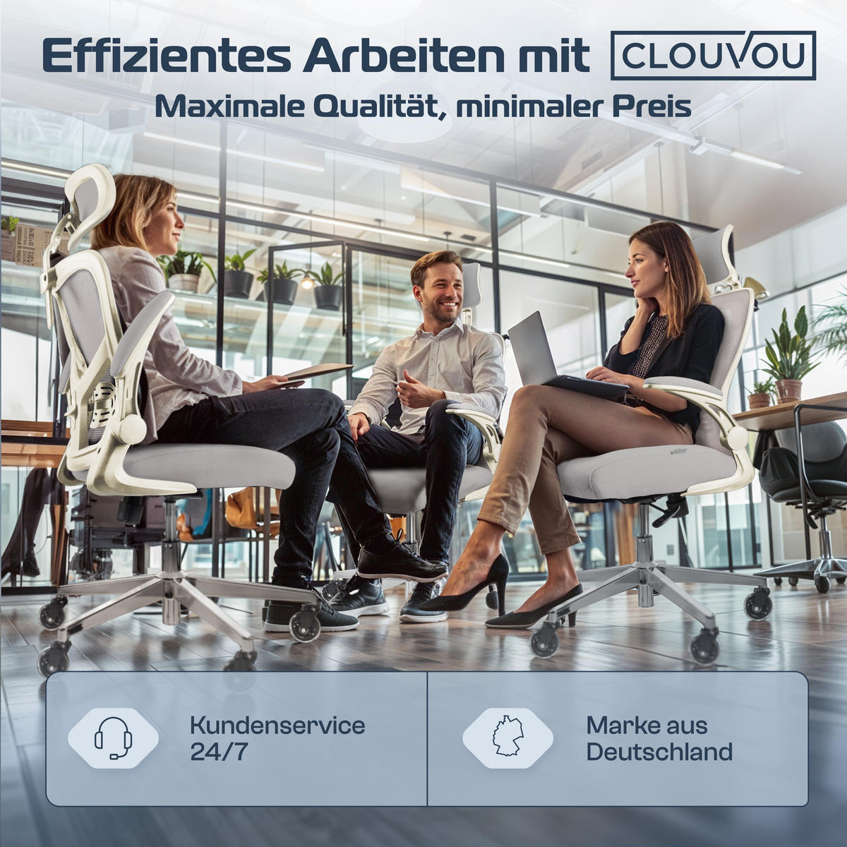 BÜROSTUHL SmartSeat Creme-Weiß - Beige/Silberfarben, Kunststoff/Textil (70/142/70cm) - Clouvou
