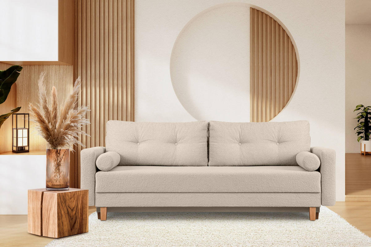 3-SITZER-SCHLAFSOFA ERISO mit weiche Sitzfläche und hohe Rückenlehne, Bouclé-Stoff, Creme - Creme/Braun, Textil (220/80/100cm) - KONSIMO®
