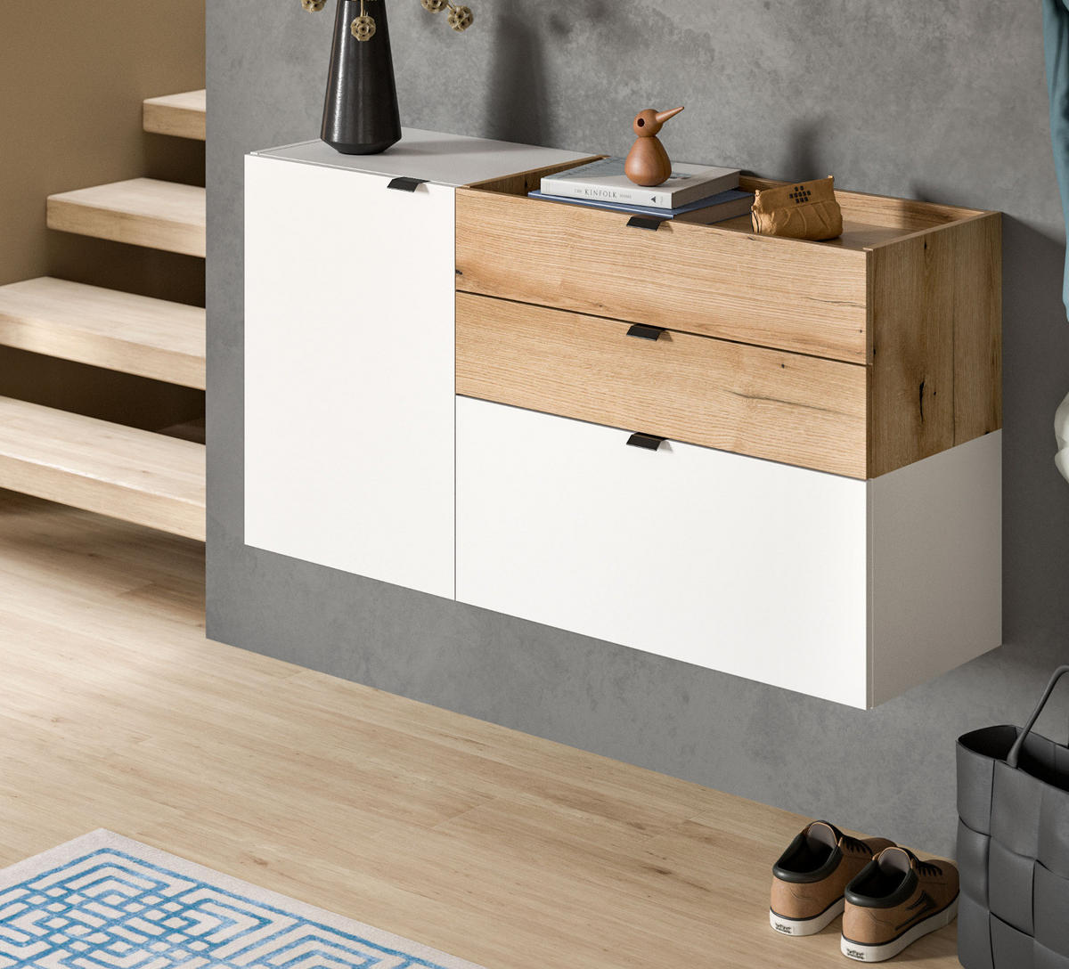 SCHUHSCHRANK weiß, Evoke Eiche 120 cm, Flur Kommode hängend mit Soft-Close - Eichefarben/Schwarz, Holzwerkstoff/Kunststoff (120/64/37cm) - Inn.Furn