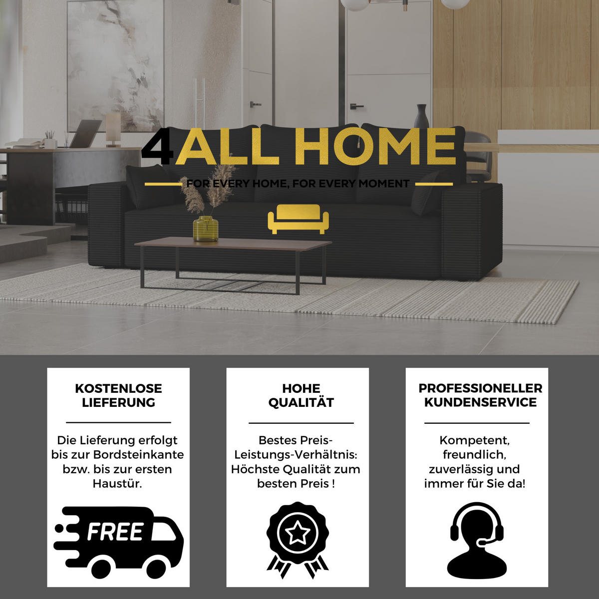 SOFA Vens mit Bettkasten und Schlaffunktion, Cordstoff - Schwarz, Holzwerkstoff (242/85/95cm)