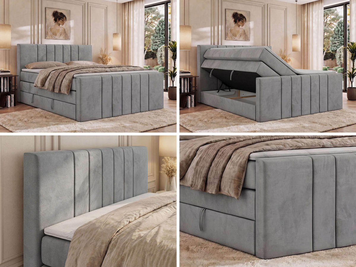BOXSPRINGBETT INERO DUO KING 180/200 - Hellgrau Velvet - Topper Visco - H4 - Hellgrau/Schwarz, Kunststoff/Textil (180/200cm) - MKS