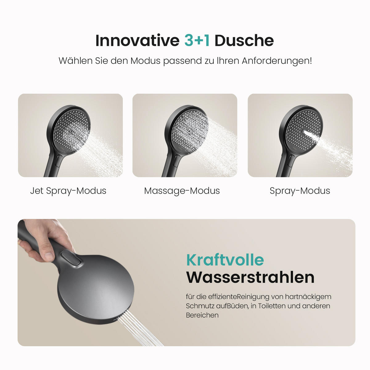 ÜBERKOPFBRAUSESET mit Drei Wasserauslassmethoden Thermostat Hebbar Anthrazit - Anthrazit, Metall (43.7/112.2/62.5cm) - EMKE