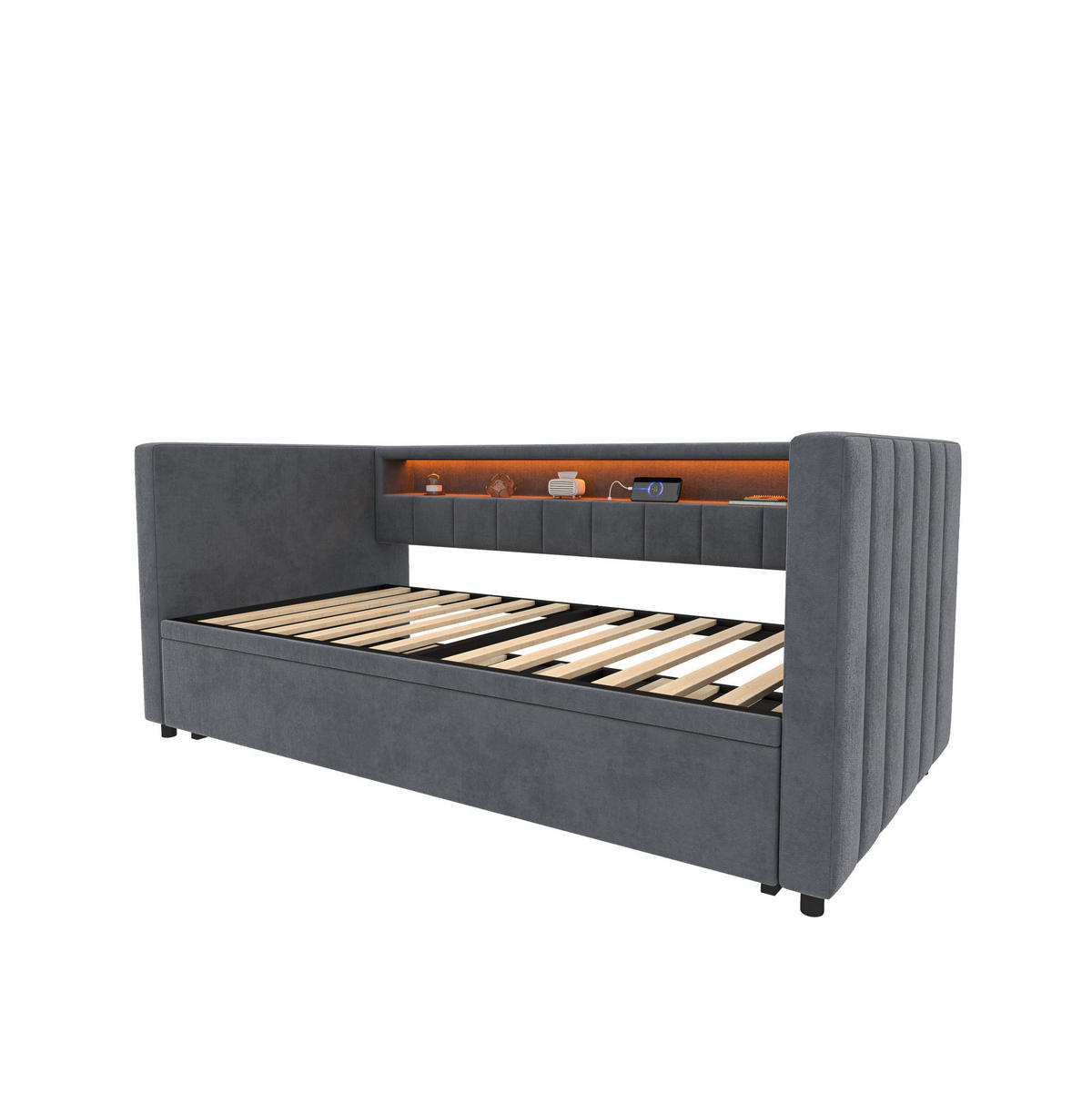 BETT mit Stauraum & Ausziehbett mit USB-C Anschluss und LED-Beleuchtung Beige 196/82-144/85 cm - Dunkelgrau, Textil - OKWISH