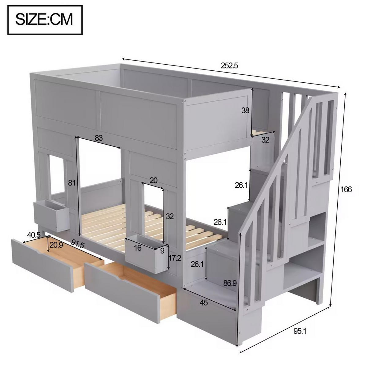 ETAGENBETT 90/200 cm mit Stauraumtreppe, Schubladen und Fensterdesign,Grau - Grau, Holzwerkstoff (90/200cm) - Redom