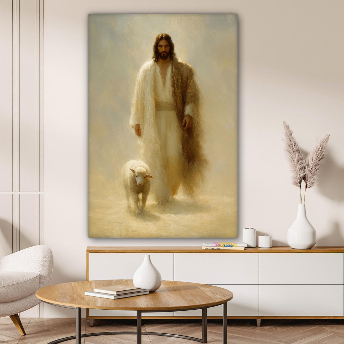 LEINWANDBILD Schaf - Jesus - Pinselstriche - Abstrakt Deko Groß 90x140 cm - Sandfarben, Textil (90/140cm) - MuchoWow