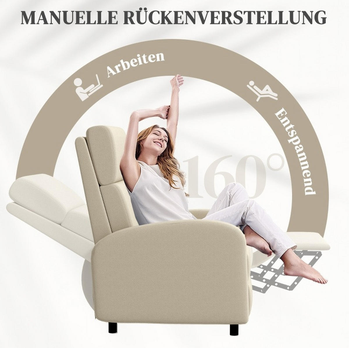 SESSEL 64/86/102 cm mit manueller Relaxfunktion in Cremeweiß - Creme, Textil (64/102/86cm) - BEAOK