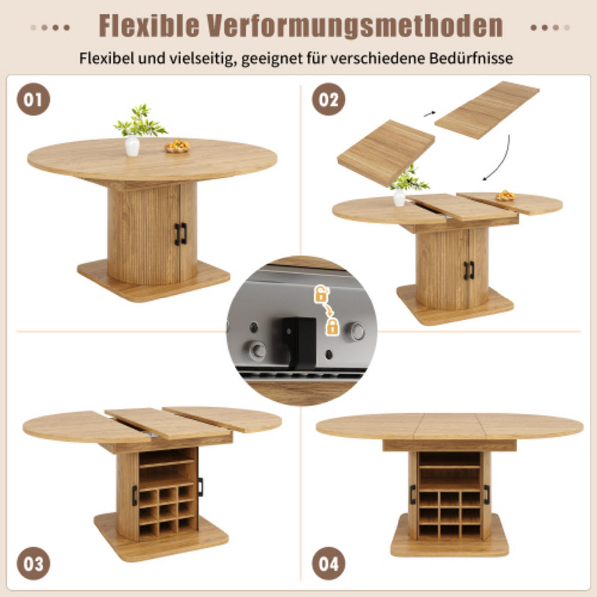 ESSTISCH Ausziehbarer 118-158×118×76 cm aus MDF und Metall mit integriertem Stauraum, naturfarben - Naturfarben, Holzwerkstoff (158/118/76cm) - Luhomfu