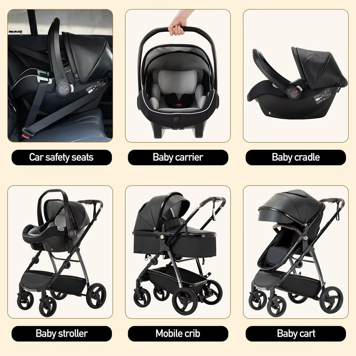 KINDERWAGENSET 3-in-1 Tragbarer mit Babytrage PU, 880B Schwarz - Schwarz, Metall (80/60cm) - Kaket