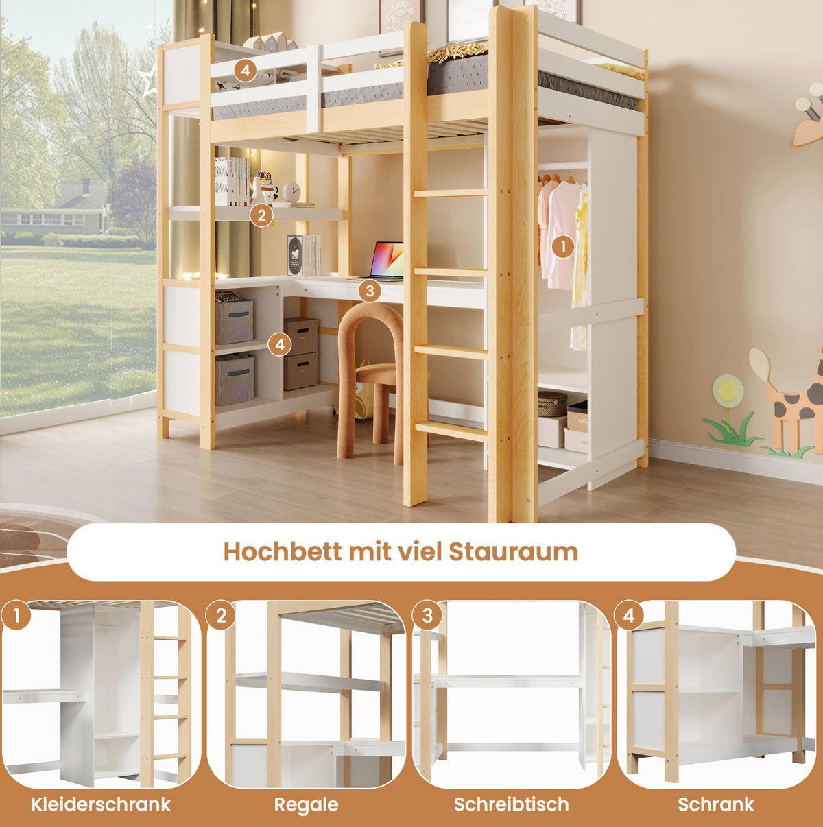 HOCHBETT 90/200 cm, Natur mit Schreibtisch, Regalen, Kleiderschrank, ohne Matratze - Weiß, Holz (90/200cm) - MIVRAY
