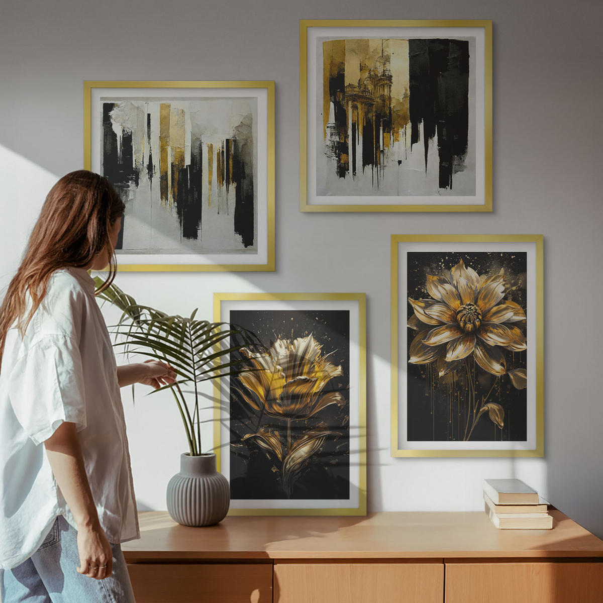 BILDER SET 4er Set - 50x50 cm & 40x60 cm Goldrahmen - Stilvolle moderne Blumen - Goldfarben, Kunststoff (50/50cm) - TULUP