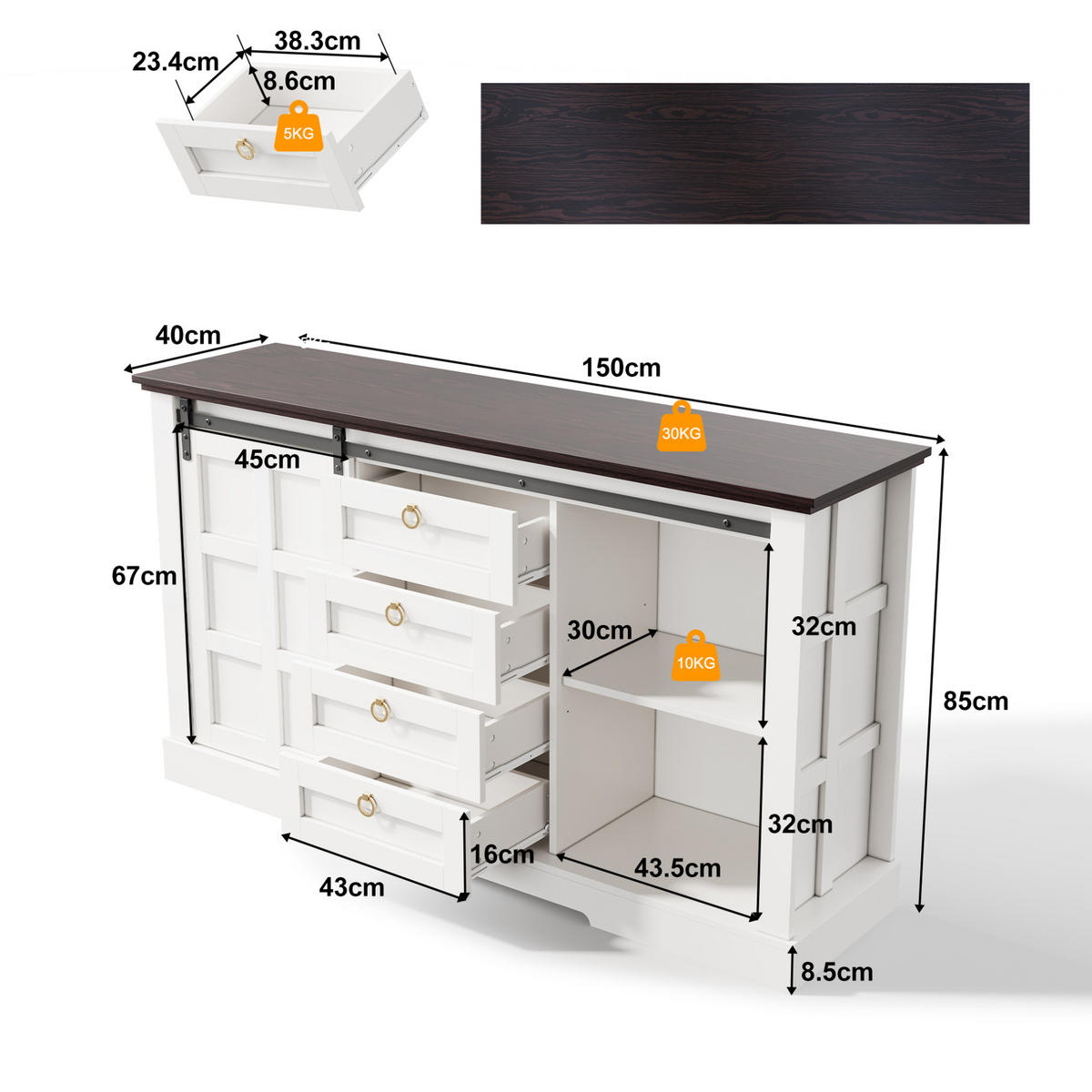 SIDEBOARD aus MDF 150x40x85 cm Weiß mit Schiebetüren, 4 Schubladen und verstellbaren Einlegeböden - Weiß, Holzwerkstoff (150/85/40cm) - Modfu