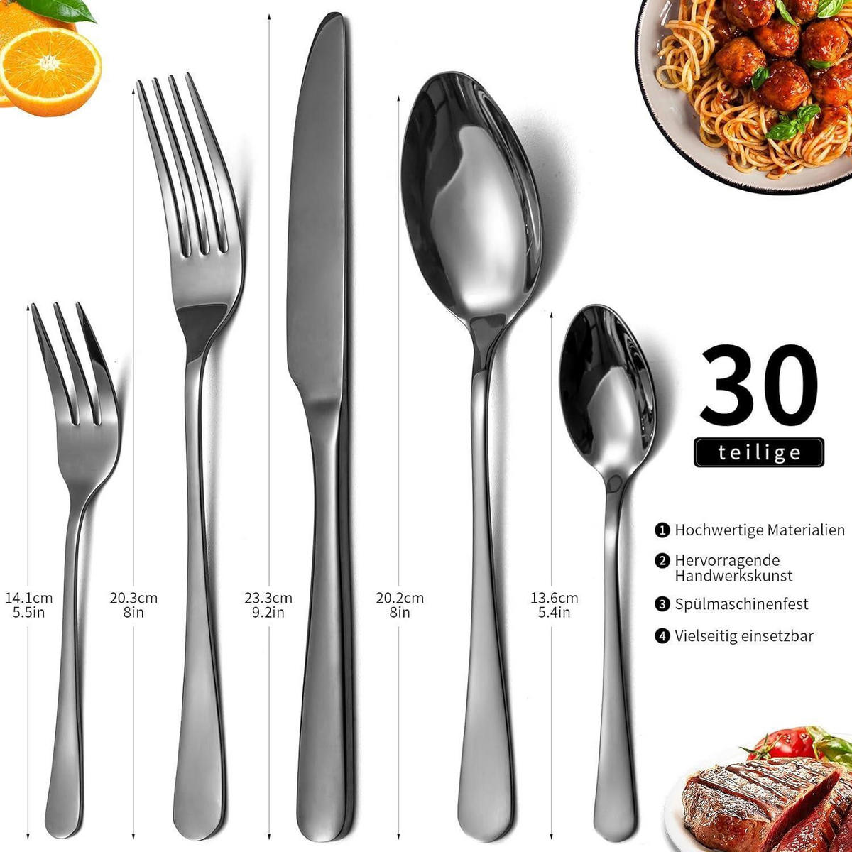 BESTECKSET Edelstahl Spiegelpoliert 30-teilig für 6 Personen Schwarz - Silberfarben, Metall