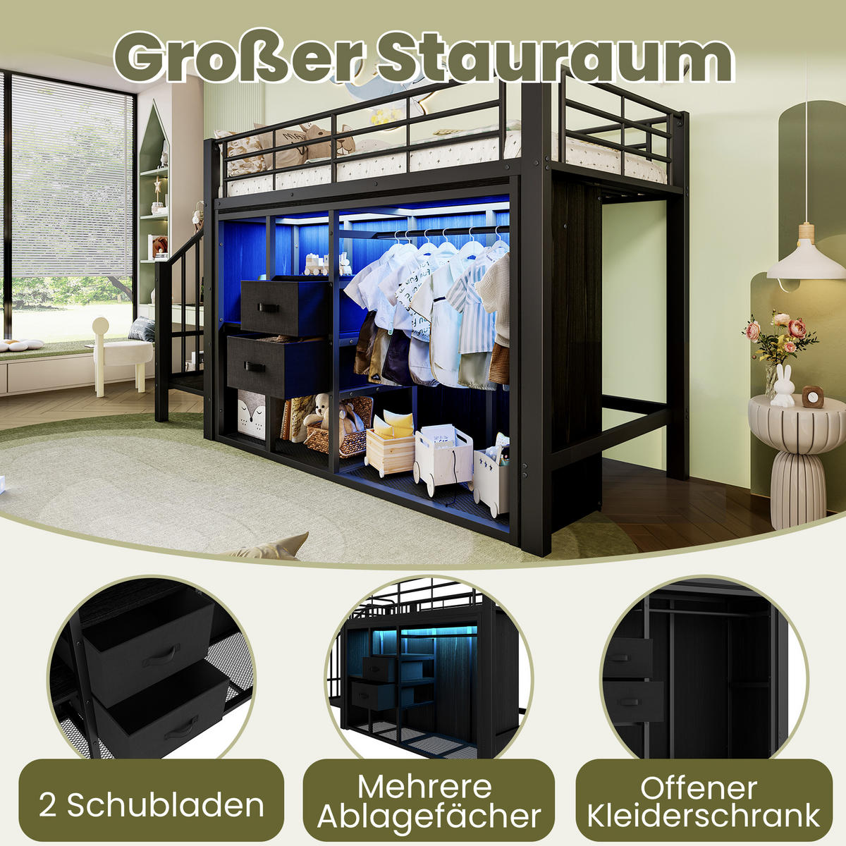 HALBHOHES BETT 90x200cm Schwarz 2 Schubladen Kleiderschrank LED-Licht - Schwarz, Metall (90/200cm) - FLIEKS