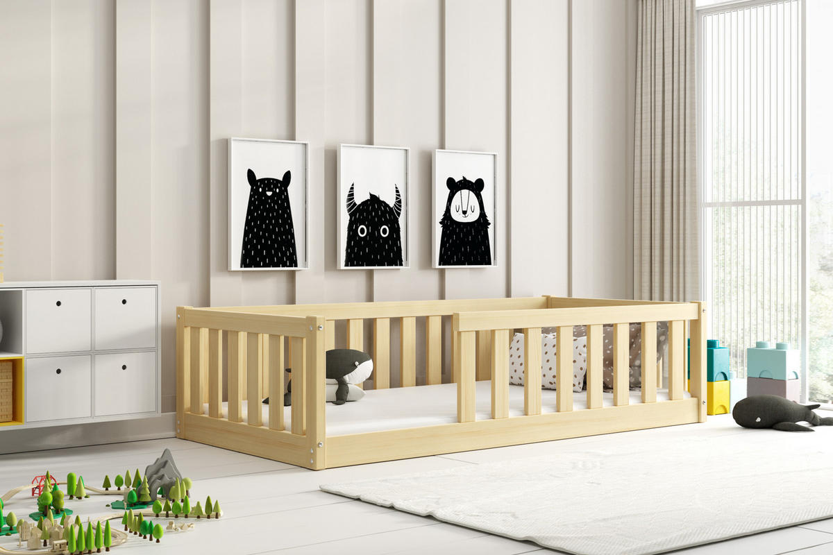 BODENBETT 160x80 cm in Pine Montessori Kinderbett aus Holz mit Rausfallschutz & Lattenrost BELLA - Naturfarben, Holz (80/160cm) - Interbeds