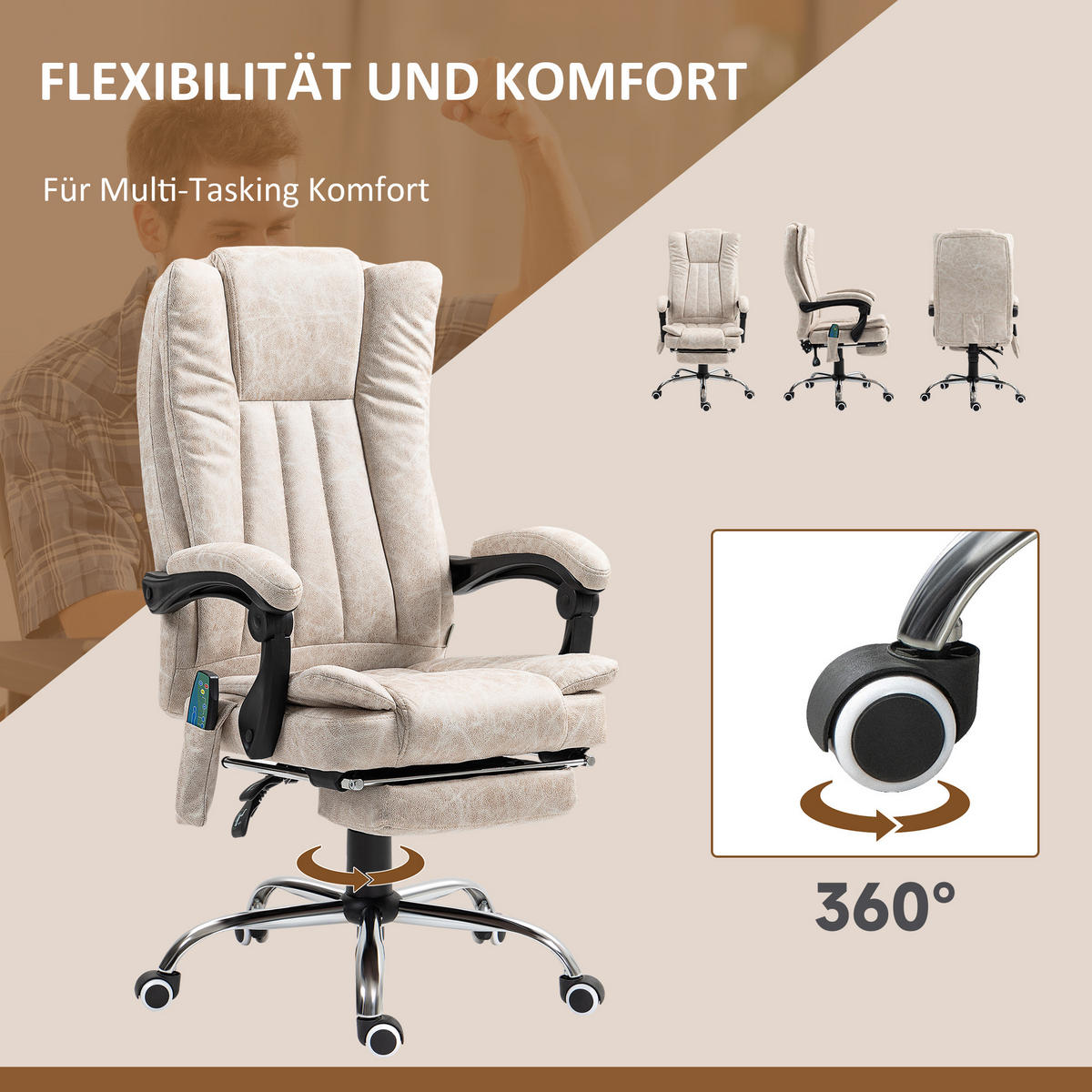 BÜROSTUHL mit Vibrationsmassage, Ergonomischer Schreibtischstuhl, Liegefunktion - Weiß, Metall (70/120/62cm) - Vinsetto