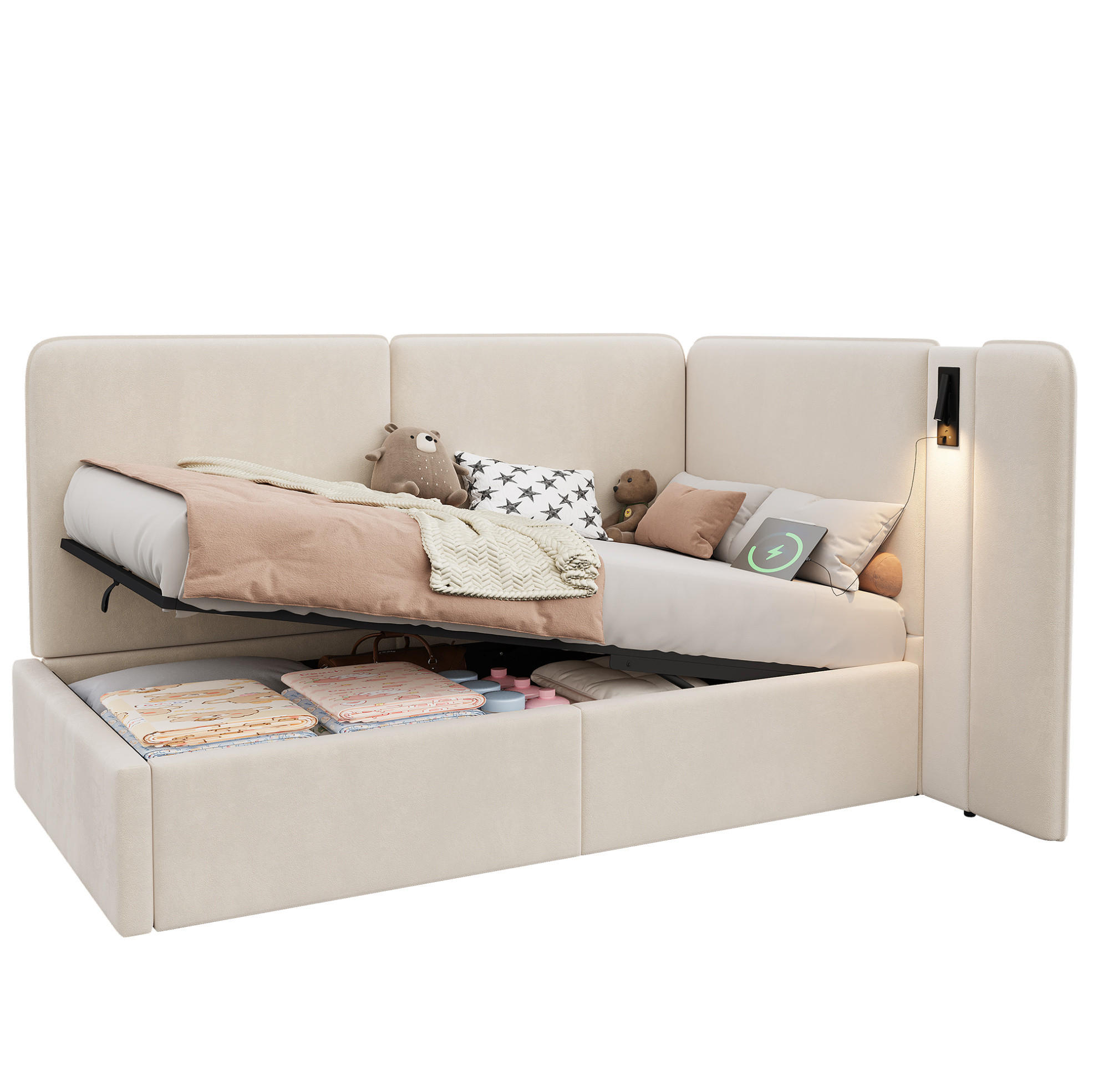 BETT 90/200 cm in Beige – mit Bettkasten, USB-C/USB und Lattenrost - Beige, Textil (90/200cm) - BEAOK