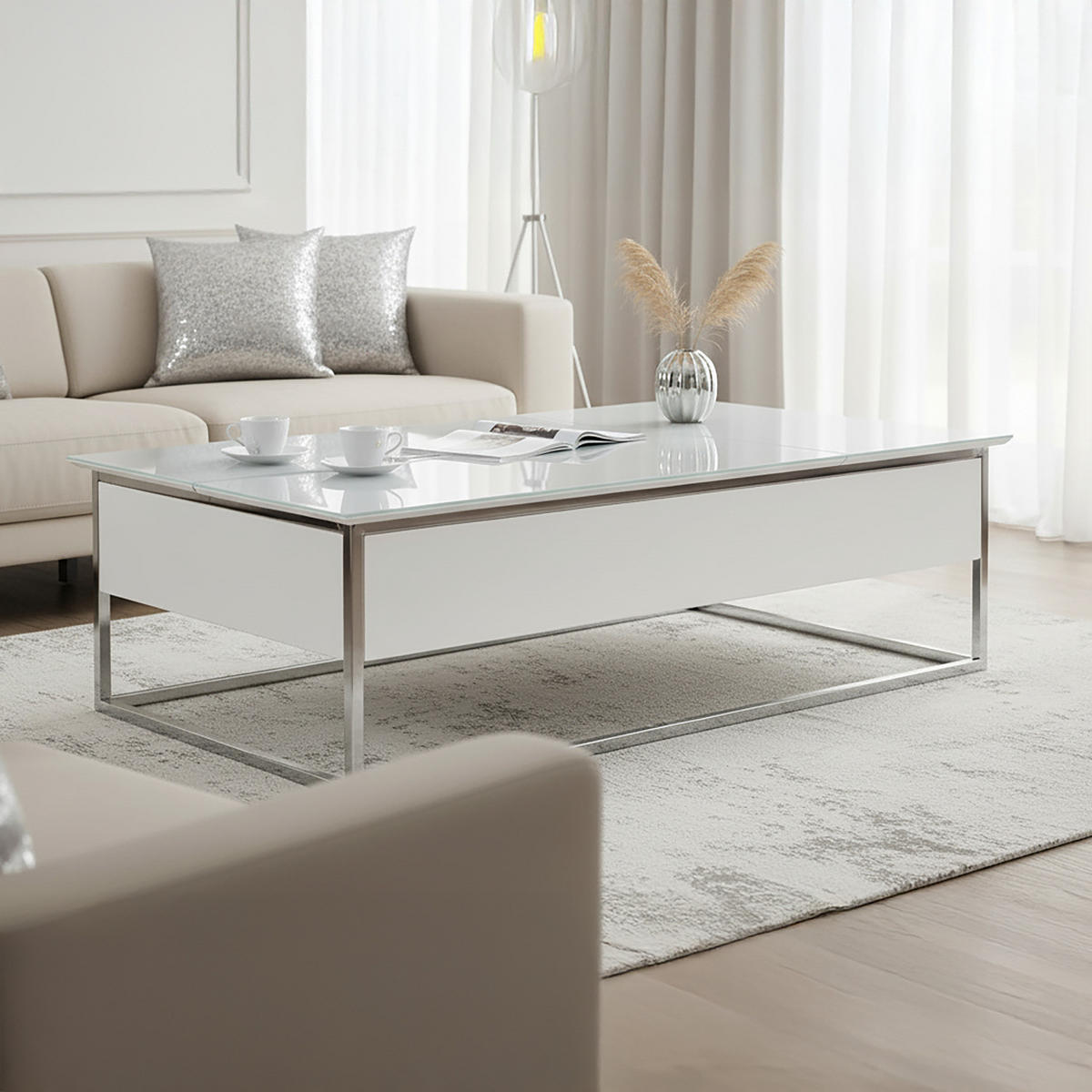 COUCHTISCH - Glas - Weiß / Chrom - Chromfarben/Weiß, Glas/Holzwerkstoff (80/130/40cm) - home24