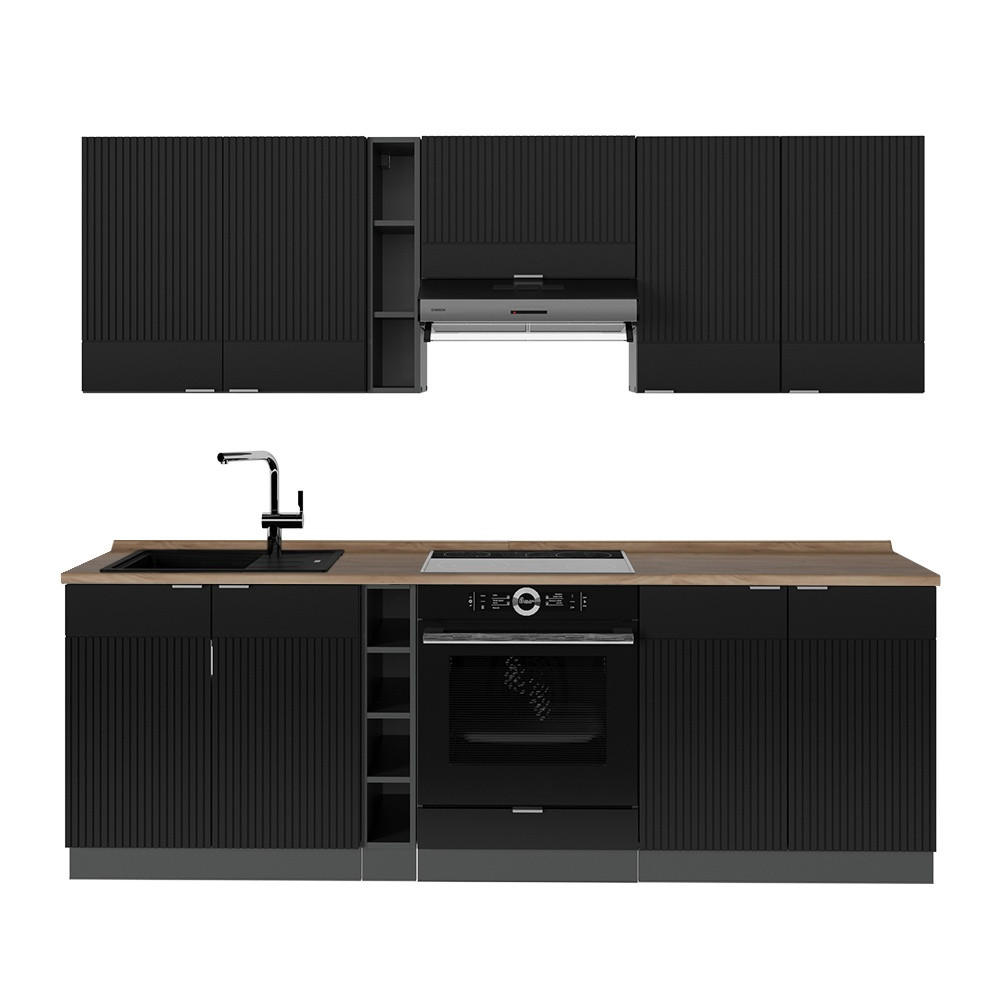 KÜCHENZEILE Fame-Line Schwarz gestreift/Anthrazit 235 cm , AP Eiche - Anthrazit/Schwarz, Holzwerkstoff (235/206.8/60cm) - Vicco