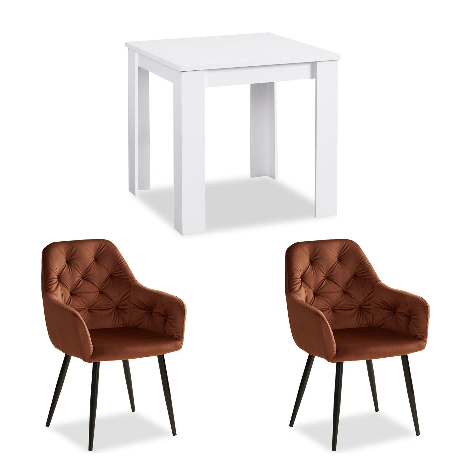 TISCHGRUPPE 80/80 cm weiß mit 2 Stühle Samt braun - Weiß/Braun, Holz/Textil (80/75/80cm) - Homestyle4u