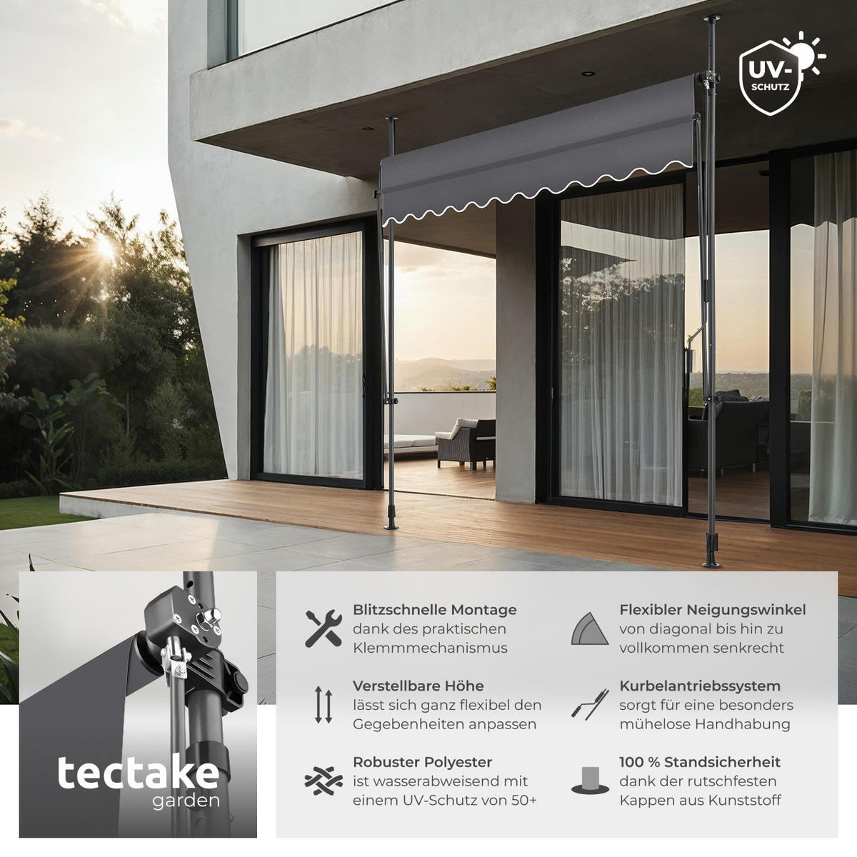 KLEMMMARKISE ,einfache Montage,schwarz/grau - Schwarz/Grau, Kunststoff (250/304/180cm) - tectake